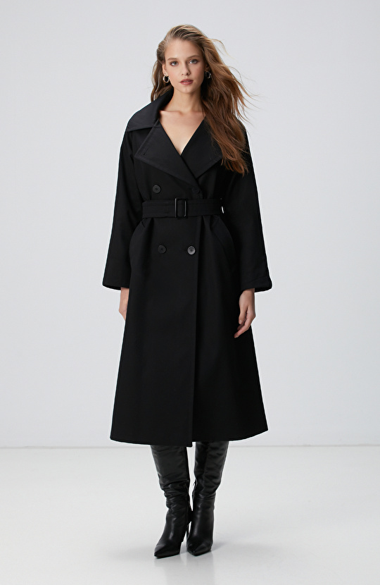 Siyah Kruvaze Trench Coat