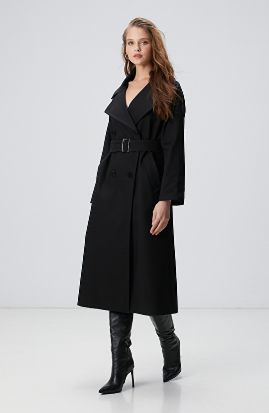 Siyah Kruvaze Trench Coat