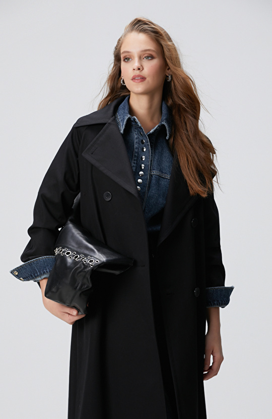Siyah Kruvaze Trench Coat