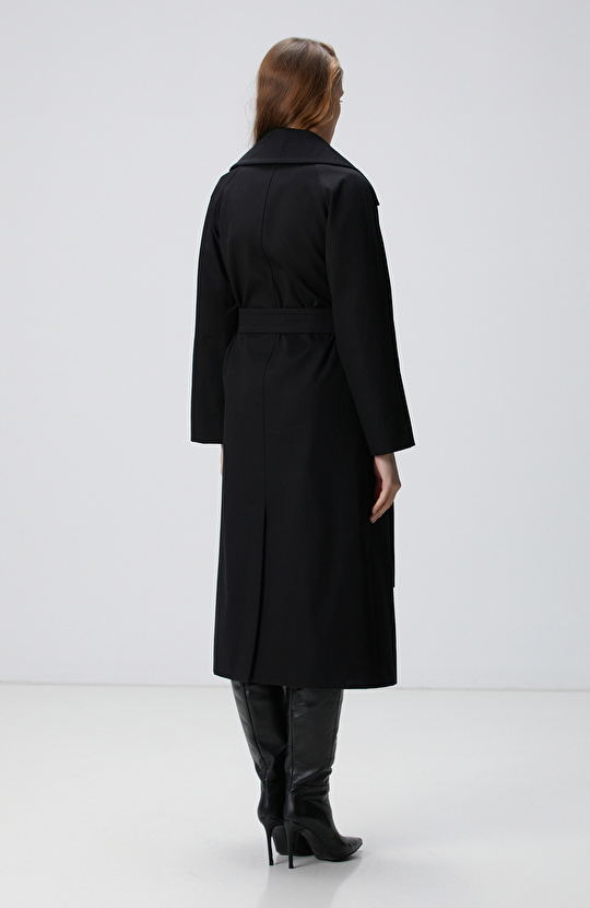 Siyah Kruvaze Trench Coat