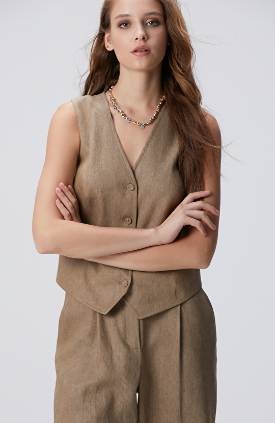 Vizon Melanj Keten Karışımlı Yelek