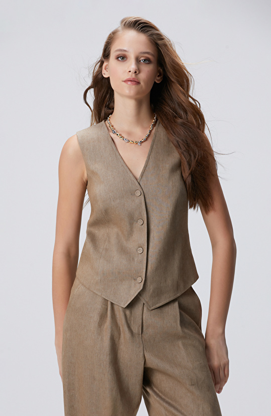 Vizon Melanj Keten Karışımlı Yelek