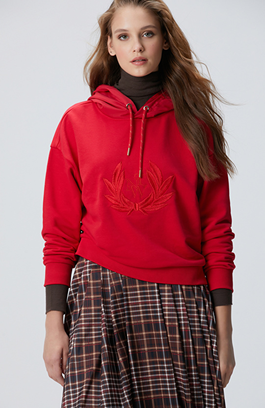 Kırmızı Kadın Nakış Detaylı Sweatshirt