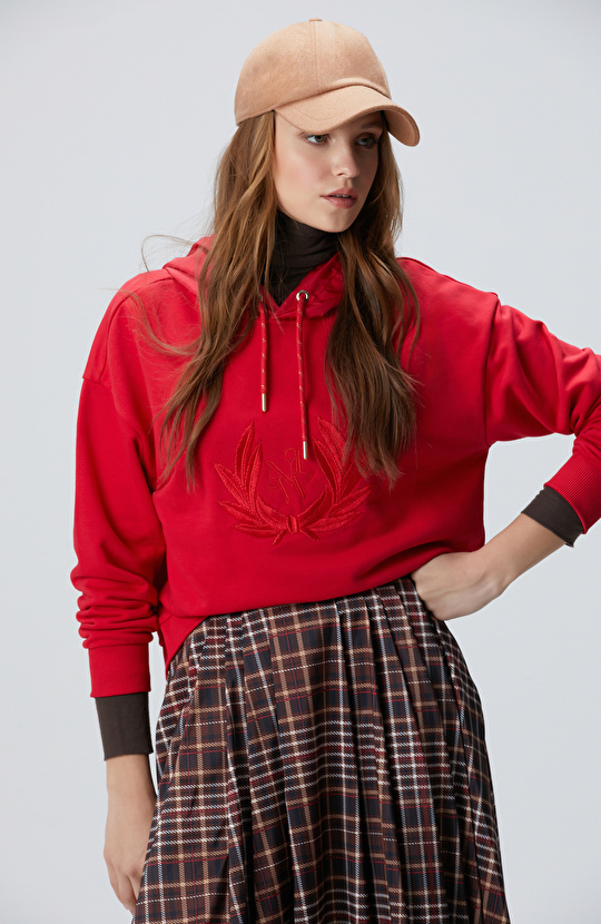 Kırmızı Kadın Nakış Detaylı Sweatshirt