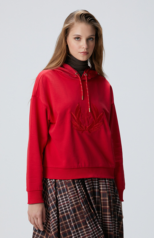 Kırmızı Kadın Nakış Detaylı Sweatshirt