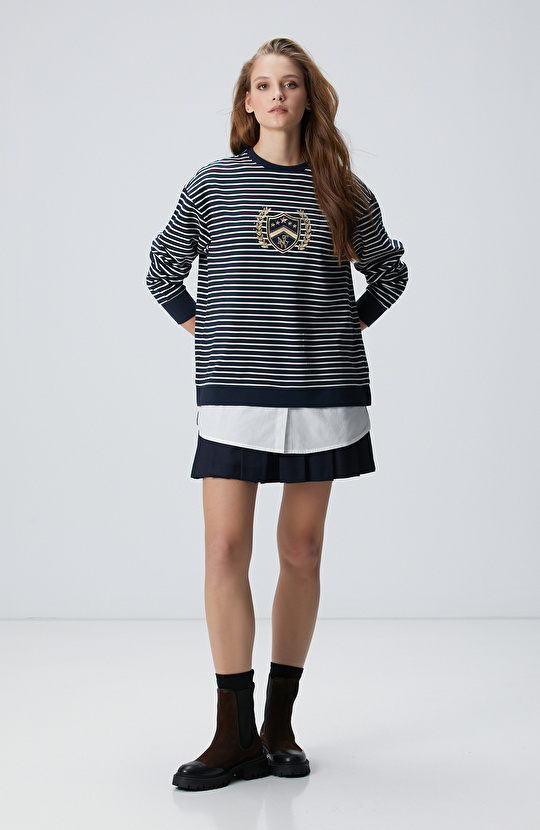 Lacivert Beyaz Dokuma Garnili Sweatshirt