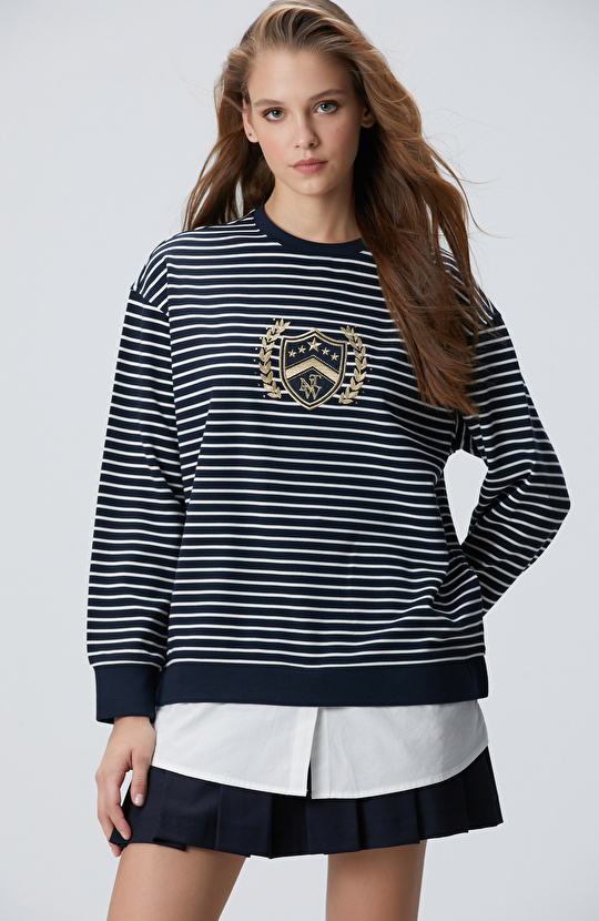 Lacivert Beyaz Dokuma Garnili Sweatshirt