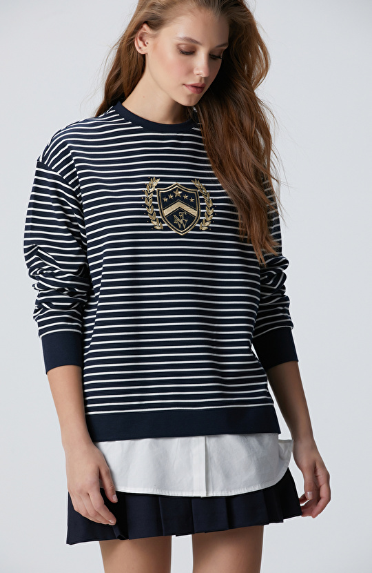 Lacivert Beyaz Dokuma Garnili Sweatshirt