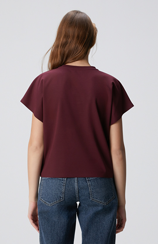 Bordo Çiçek Taş İşlemeli T-shirt