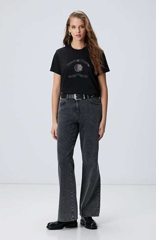 Siyah Taş İşlemeli T-shirt
