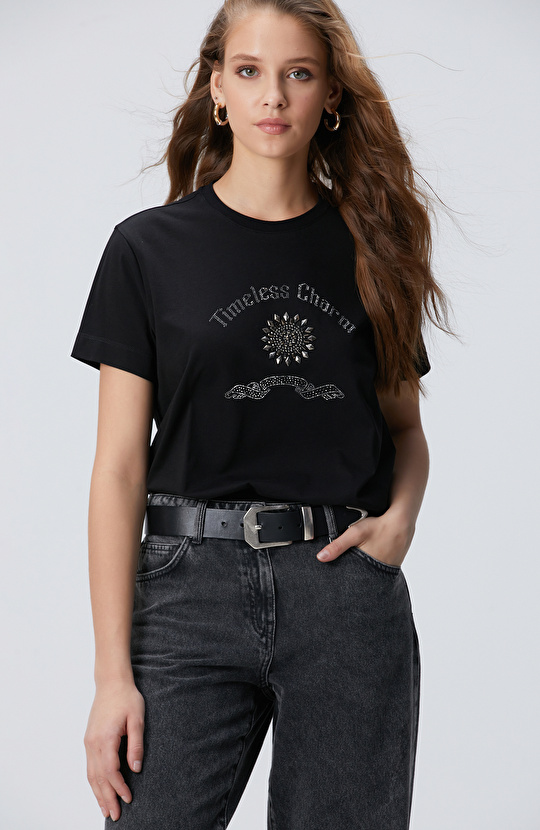 Siyah Taş İşlemeli T-shirt