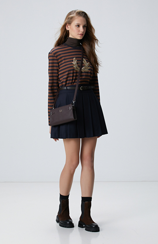 Lacivert Kahverengi Boncuk Nakışlı Çizgili T-shirt