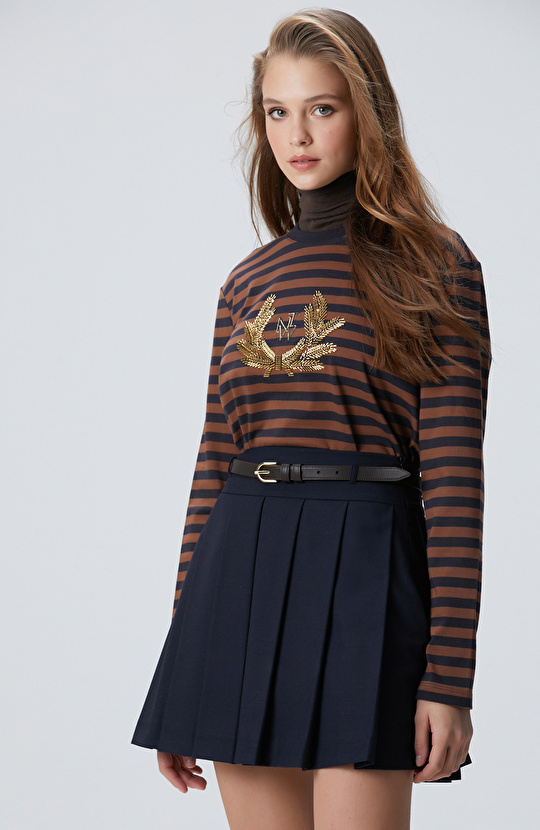 Lacivert Kahverengi Boncuk Nakışlı Çizgili T-shirt