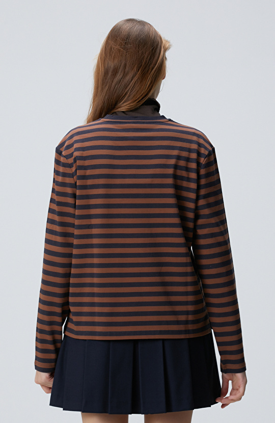 Lacivert Kahverengi Boncuk Nakışlı Çizgili T-shirt