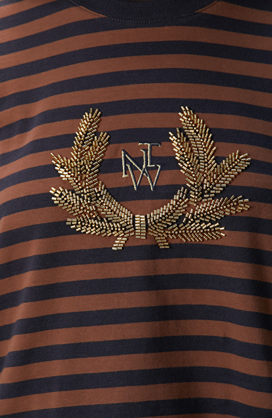 Lacivert Kahverengi Boncuk Nakışlı Çizgili T-shirt
