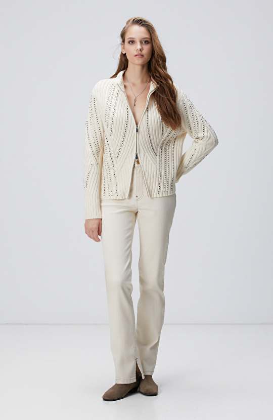 Kırık Beyaz Yün Karışımlı Hırka