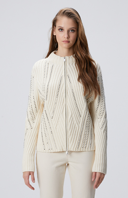 Kırık Beyaz Yün Karışımlı Hırka