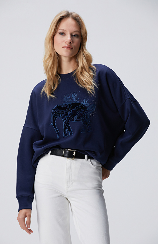 Lacivert Fil Nakışlı Sweatshirt Lacivert Fil Nakışlı Sweatshirt