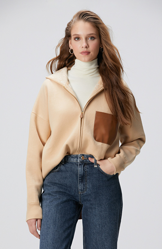 Limited Bej Yün Karışımlı İçi Desenli Triko Ceket