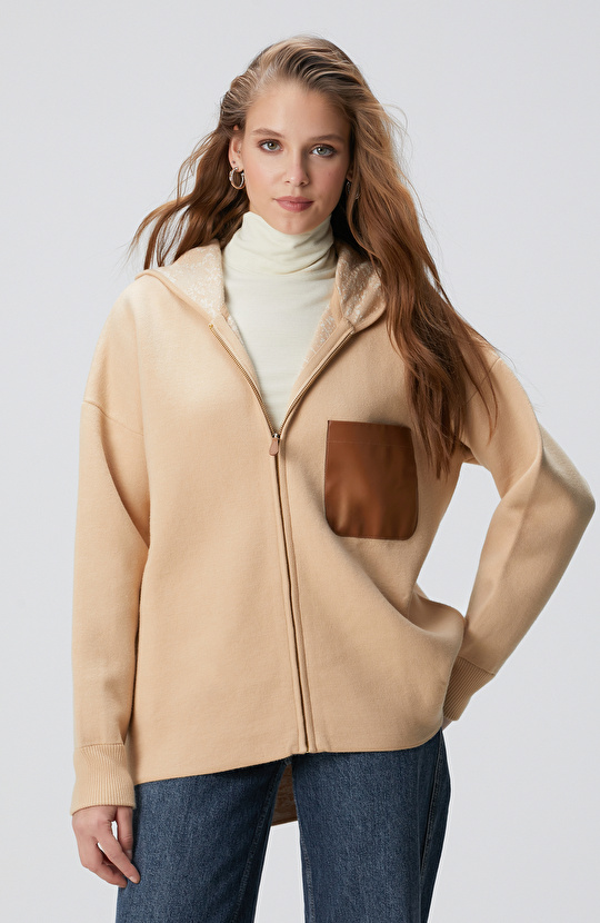 Limited Bej Yün Karışımlı İçi Desenli Triko Ceket