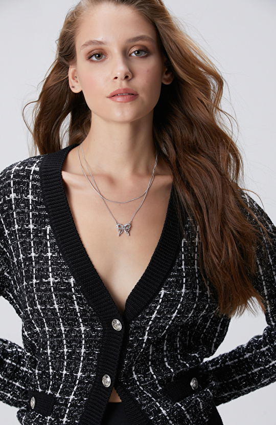 Siyah Beyaz Yün Karışımlı Hırka