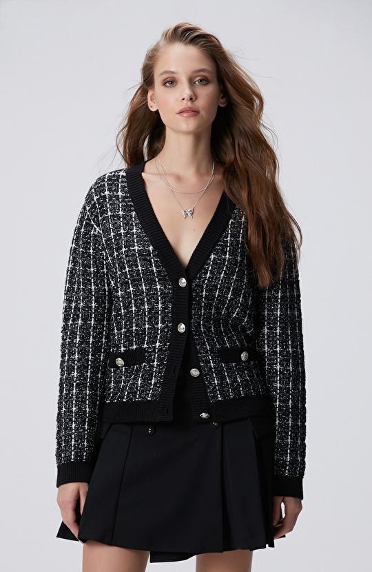 Siyah Beyaz Yün Karışımlı Hırka