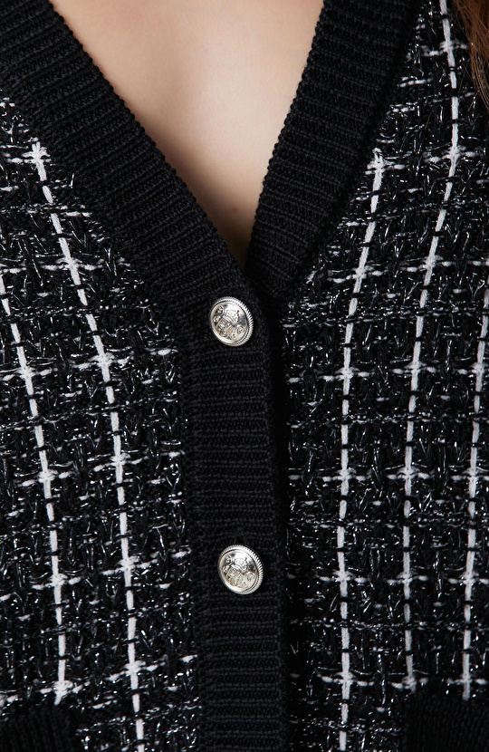 Siyah Beyaz Yün Karışımlı Hırka