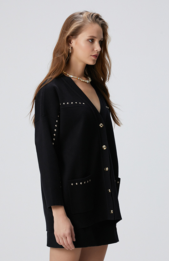 Siyah Trok Detaylı Hırka