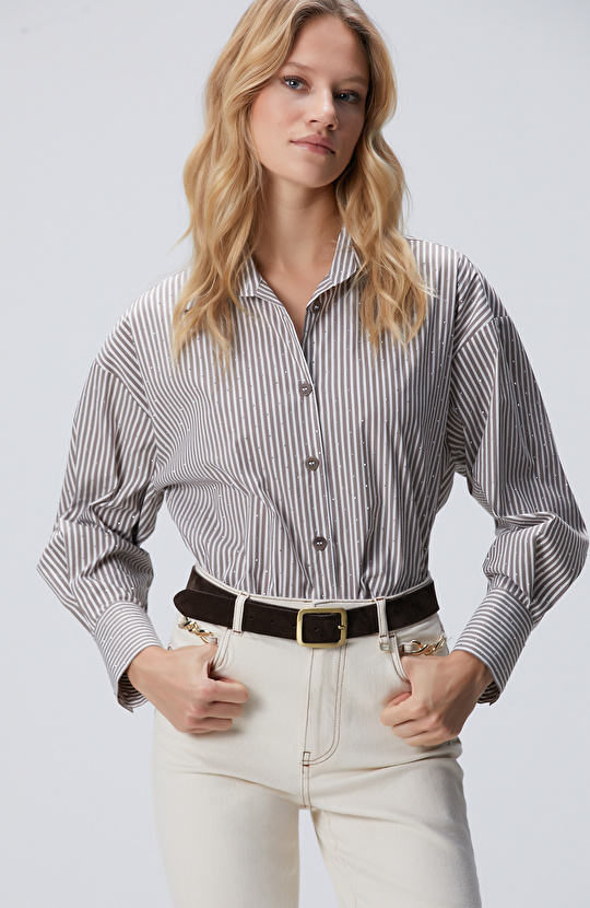 Vizon Ekru Çizgili Gömlek Vizon Ekru Çizgili Gömlek