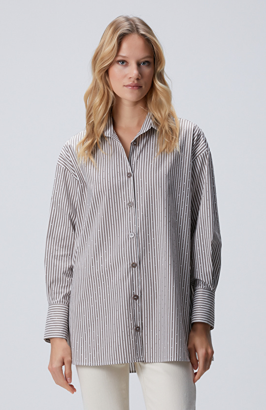 Vizon Ekru Çizgili Gömlek