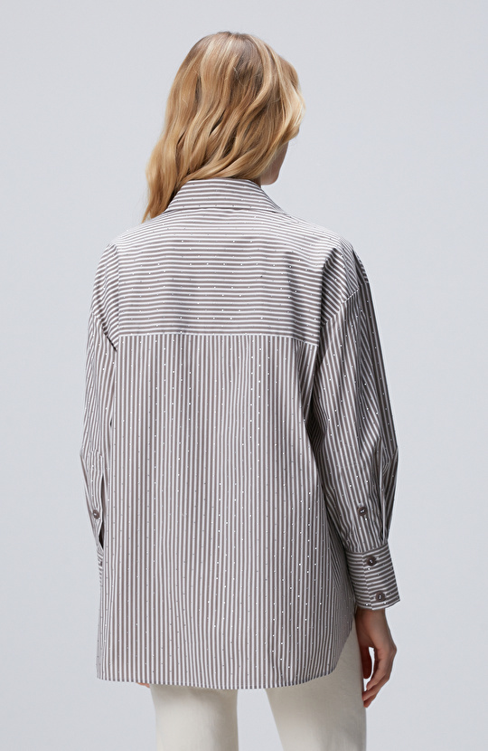 Vizon Ekru Çizgili Gömlek