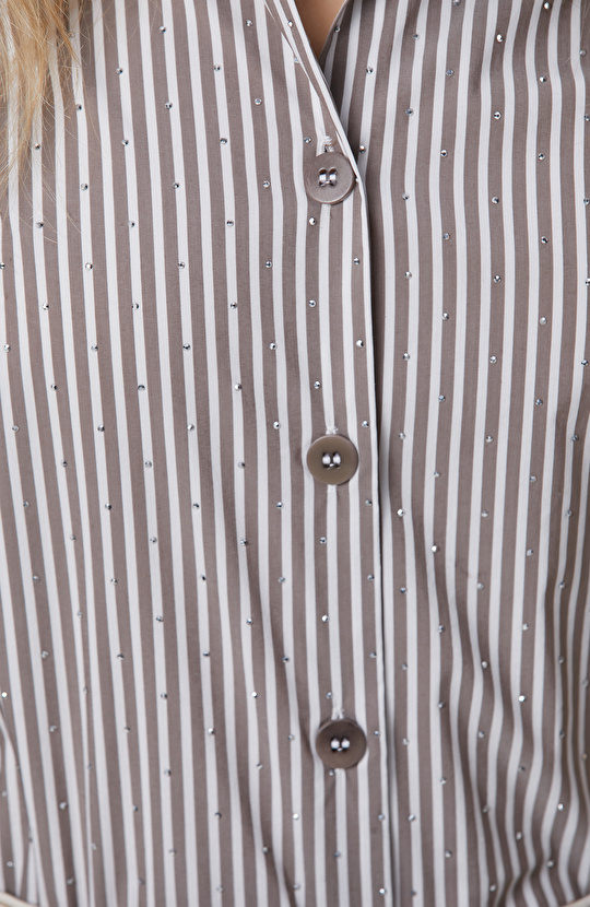 Vizon Ekru Çizgili Gömlek