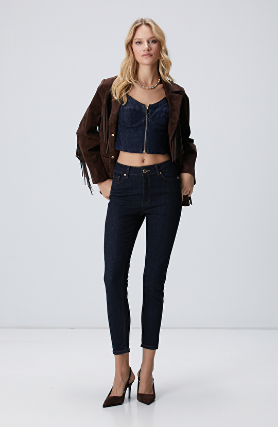 Lacivert Fermuarlı Denim Bluz