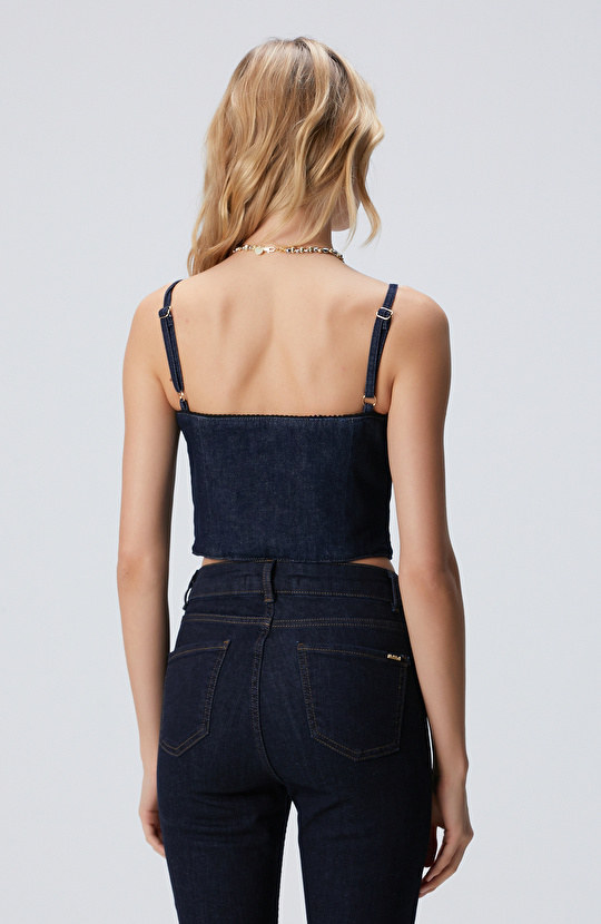 Lacivert Fermuarlı Denim Bluz