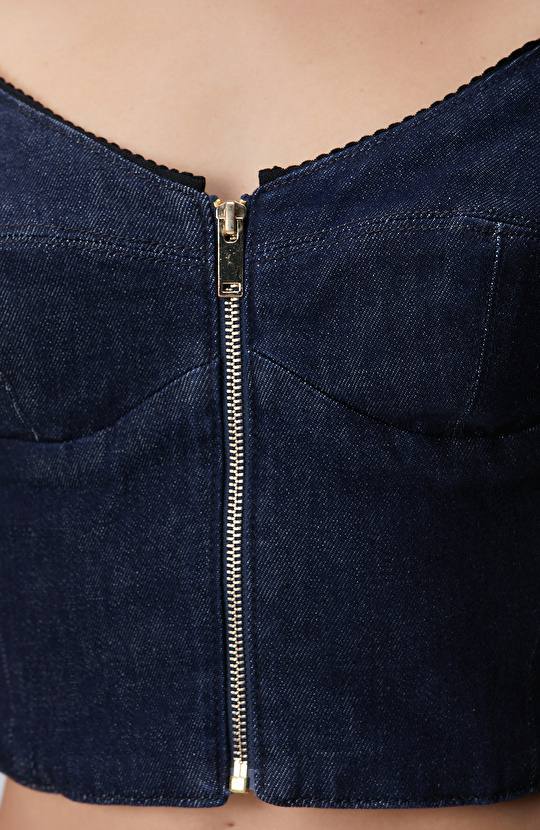Lacivert Fermuarlı Denim Bluz