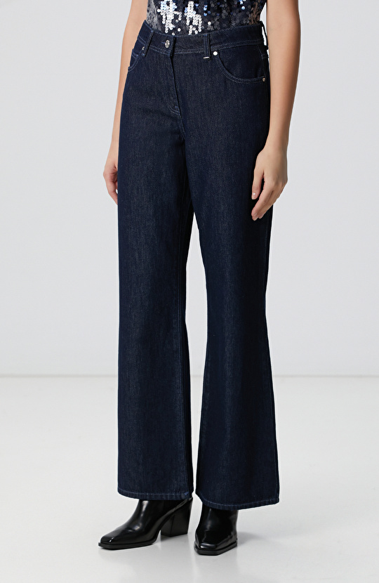 Koyu İndigo Mavi Geniş Paça Denim Pantolon