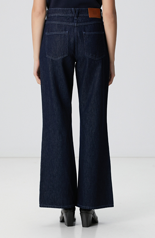 Koyu İndigo Mavi Geniş Paça Denim Pantolon