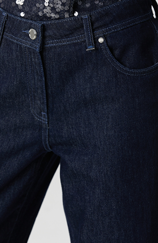 Koyu İndigo Mavi Geniş Paça Denim Pantolon