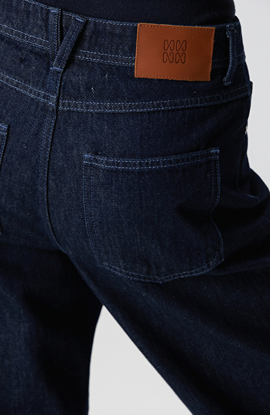 Koyu İndigo Mavi Geniş Paça Denim Pantolon