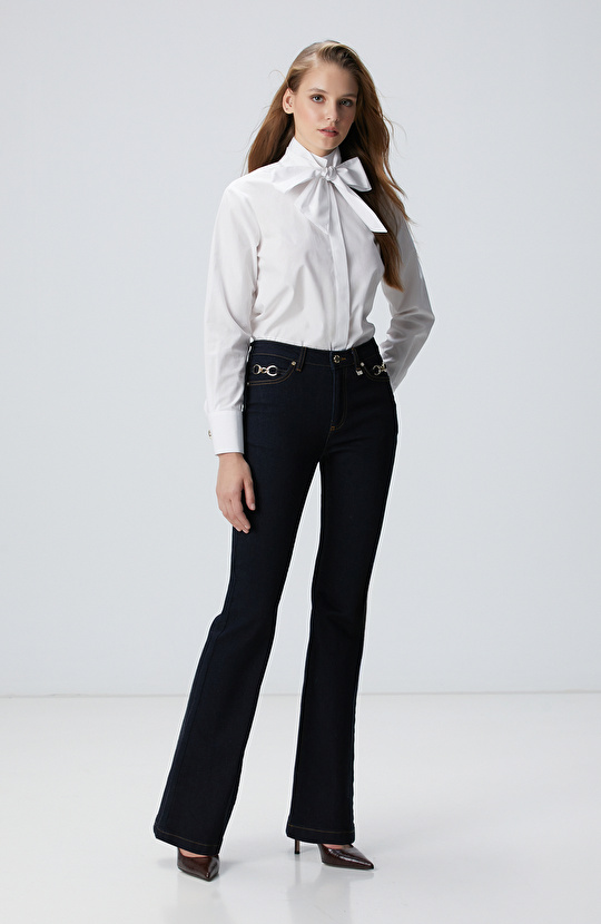 İndigo Aksesuarlı Flare Kalıp Denim Pantolon