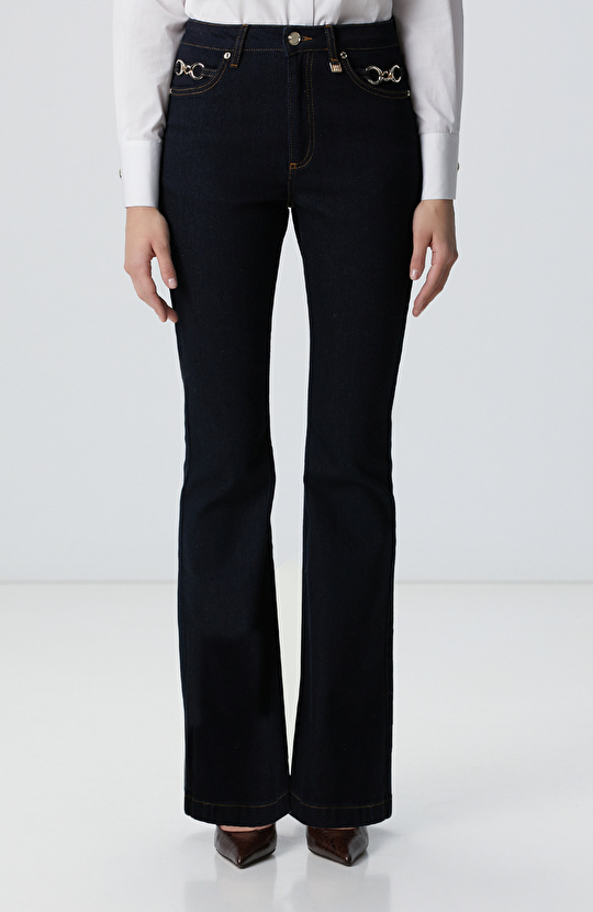 İndigo Aksesuarlı Flare Kalıp Denim Pantolon