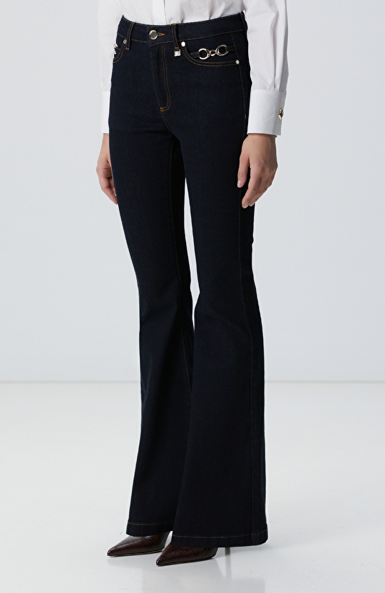 İndigo Aksesuarlı Flare Kalıp Denim Pantolon