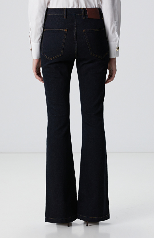 İndigo Aksesuarlı Flare Kalıp Denim Pantolon