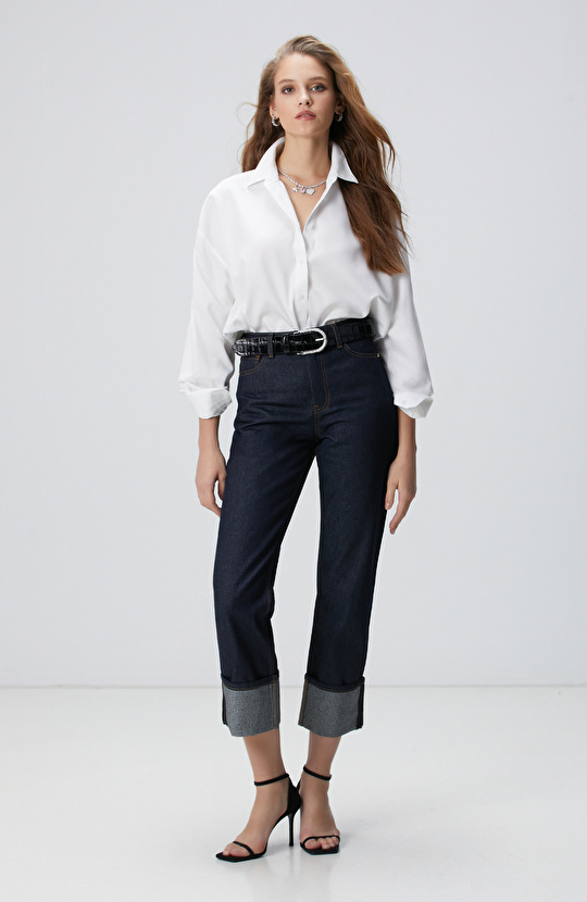 Lacivert Paça Taş Detaylı Denim Pantolon Lacivert Paça Taş Detaylı Denim Pantolon