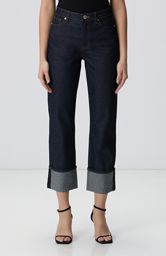 Lacivert Paça Taş Detaylı Denim Pantolon