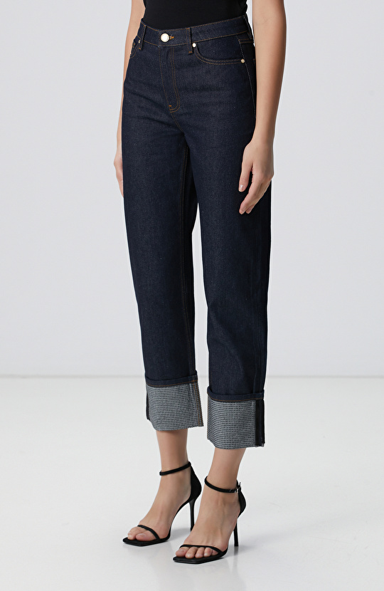 Lacivert Paça Taş Detaylı Denim Pantolon