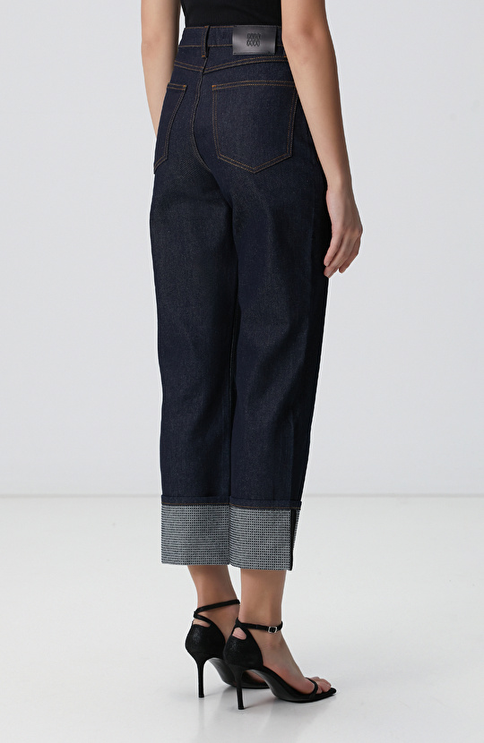 Lacivert Paça Taş Detaylı Denim Pantolon