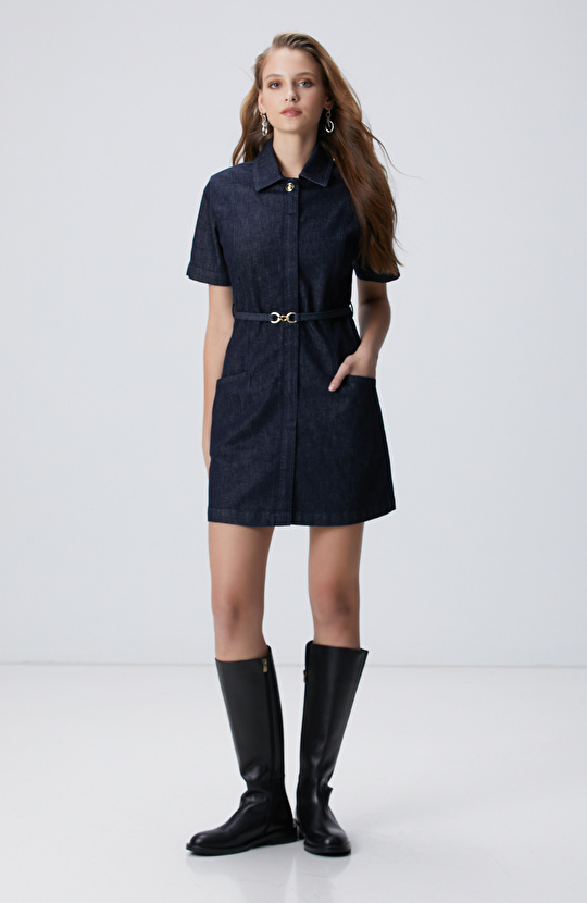 Kemer Detaylı Lacivert Denim Elbise