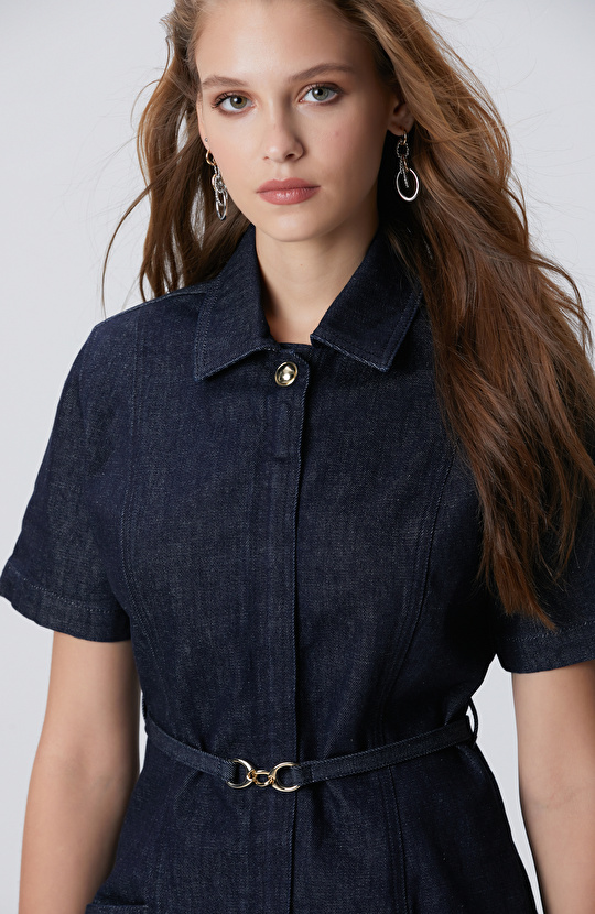 Kemer Detaylı Lacivert Denim Elbise