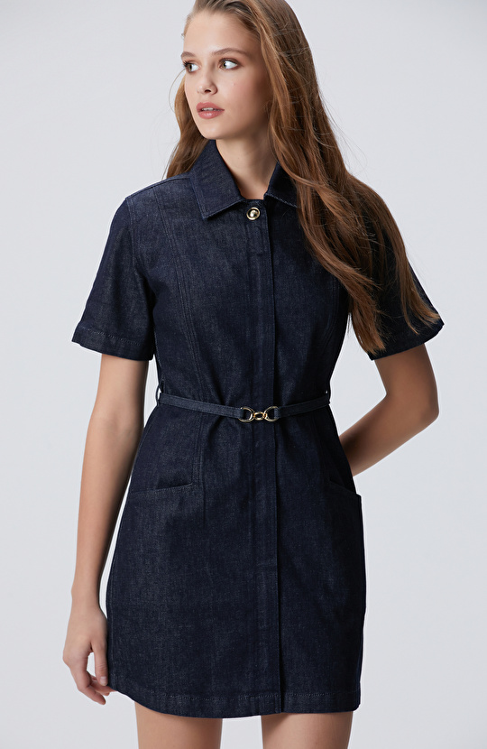 Kemer Detaylı Lacivert Denim Elbise